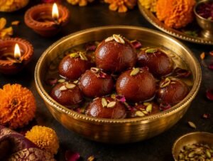 Bowl of soft gulab jamun in cardamom sugar syrup with pistachios and rose petals
