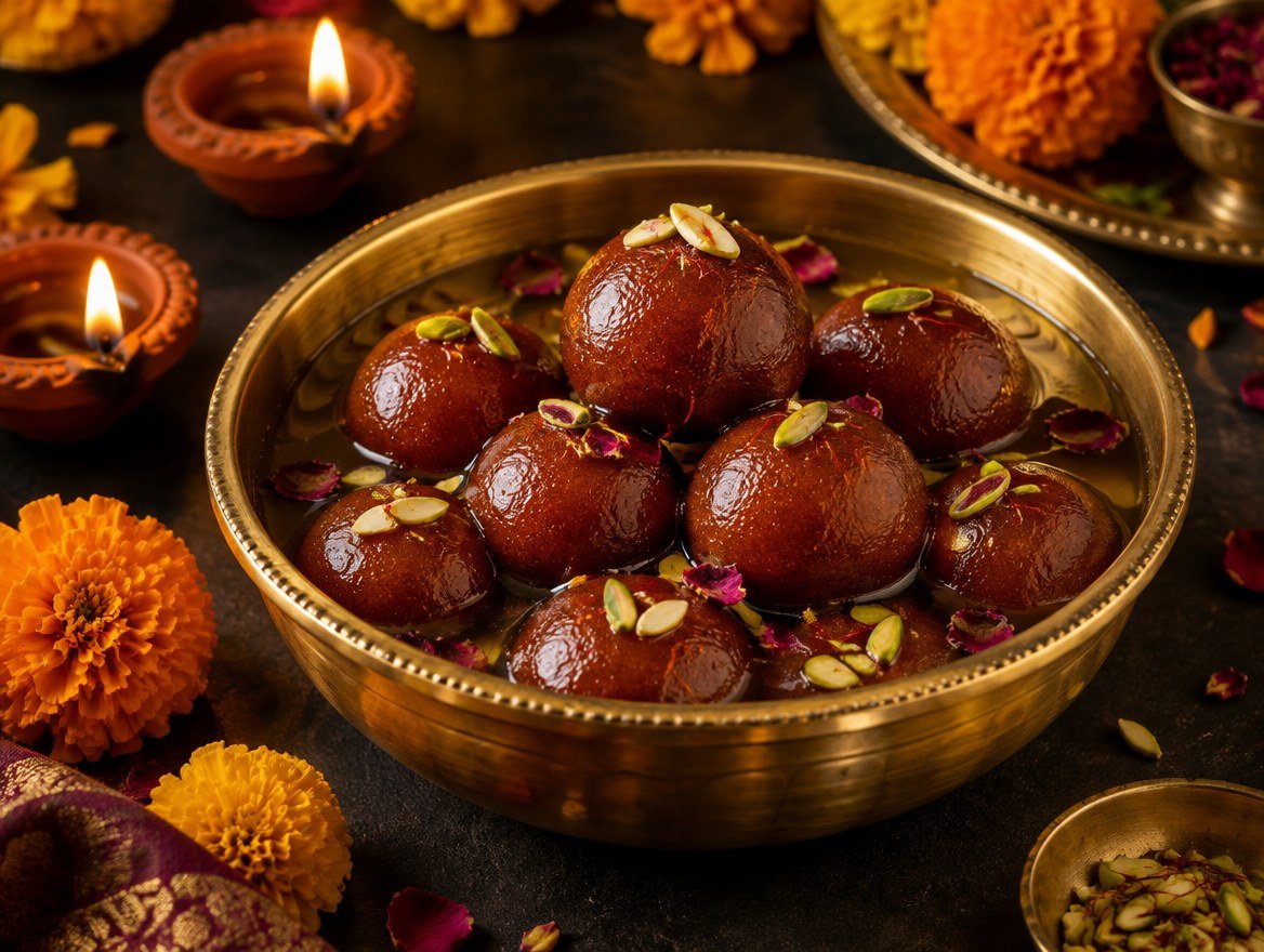 Bowl of soft gulab jamun in cardamom sugar syrup with pistachios and rose petals
