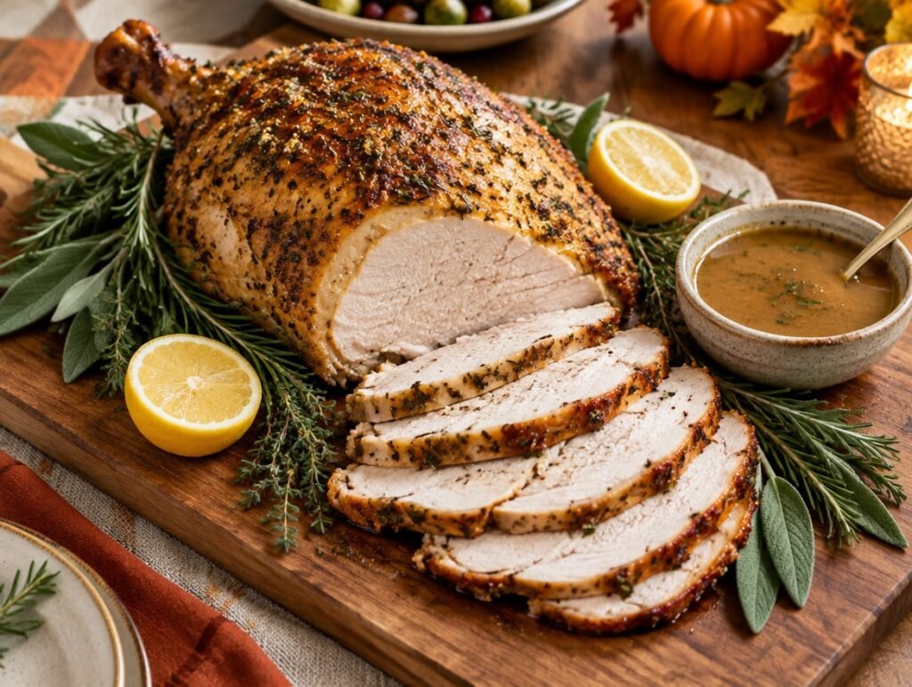 Golden herb butter roast turkey breast on a carving board with rosemary, thyme and lemon