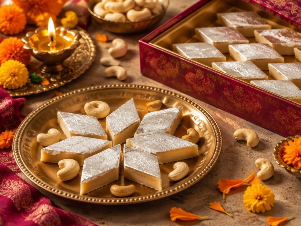 Diamond-shaped kaju katli cashew fudge with silver leaf in a Diwali gift box
