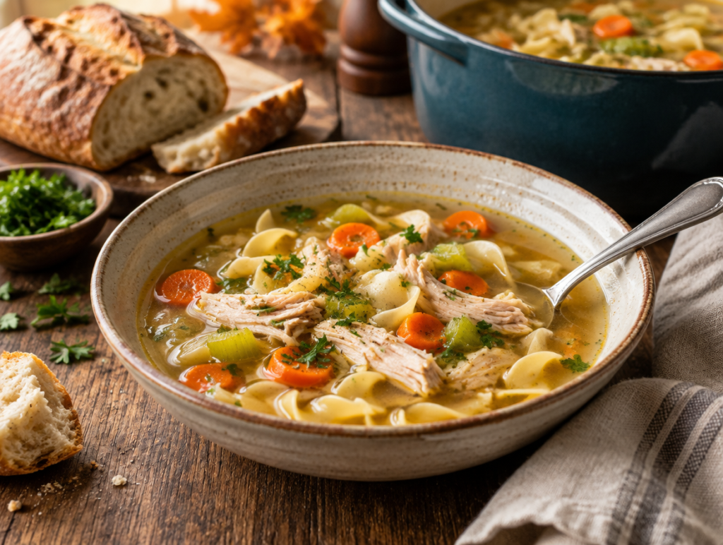 Bowl of leftover turkey noodle soup with carrots, celery, egg noodles and parsley