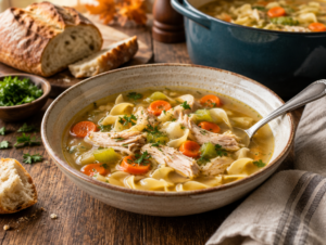 Bowl of leftover turkey noodle soup with carrots, celery, egg noodles and parsley