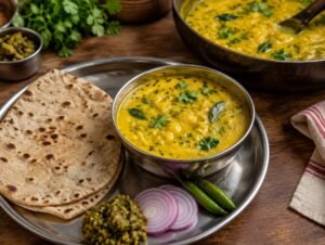 Glossy yellow Maharashtrian pitla gram flour curry with mustard seeds and curry leaves, with bhakri
