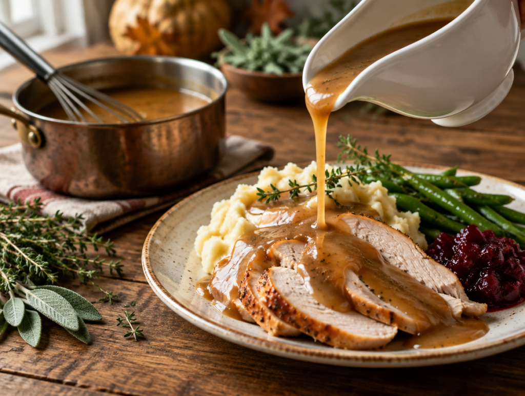 Rich brown turkey gravy poured from a gravy boat over sliced turkey and mashed potatoes