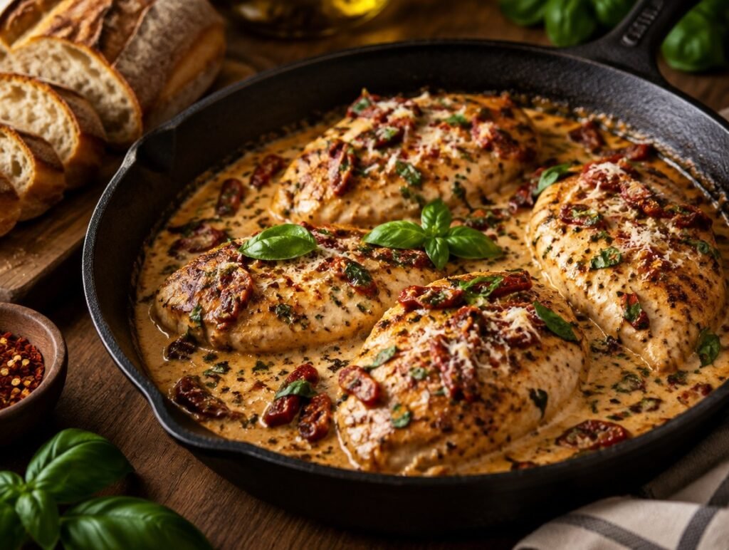 Marry Me Chicken in a skillet with creamy sun-dried tomato parmesan sauce and basil