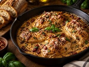 Marry Me Chicken in a skillet with creamy sun-dried tomato parmesan sauce and basil