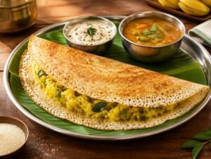 Crisp lacy rava dosa folded over spiced potato masala with coconut chutney and sambar