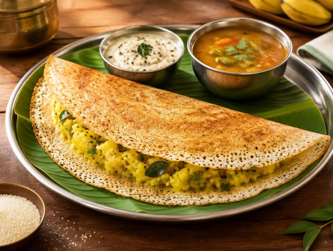 Crisp lacy rava dosa folded over spiced potato masala with coconut chutney and sambar