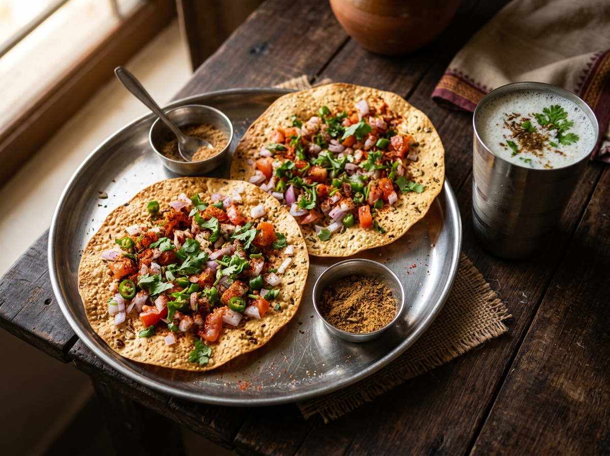 Two roasted masala papads topped with onion, tomato, coriander and chaat masala