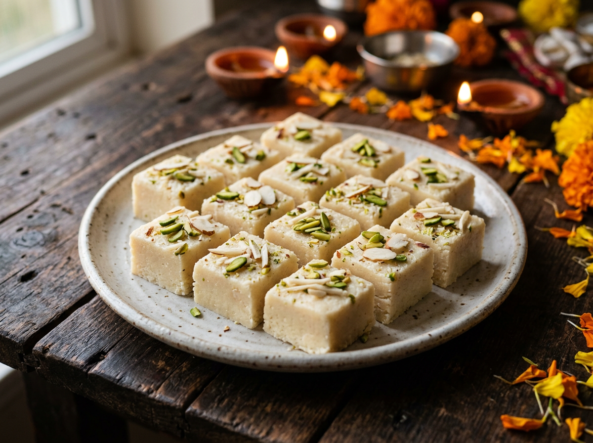 Milk powder barfi squares with pistachios