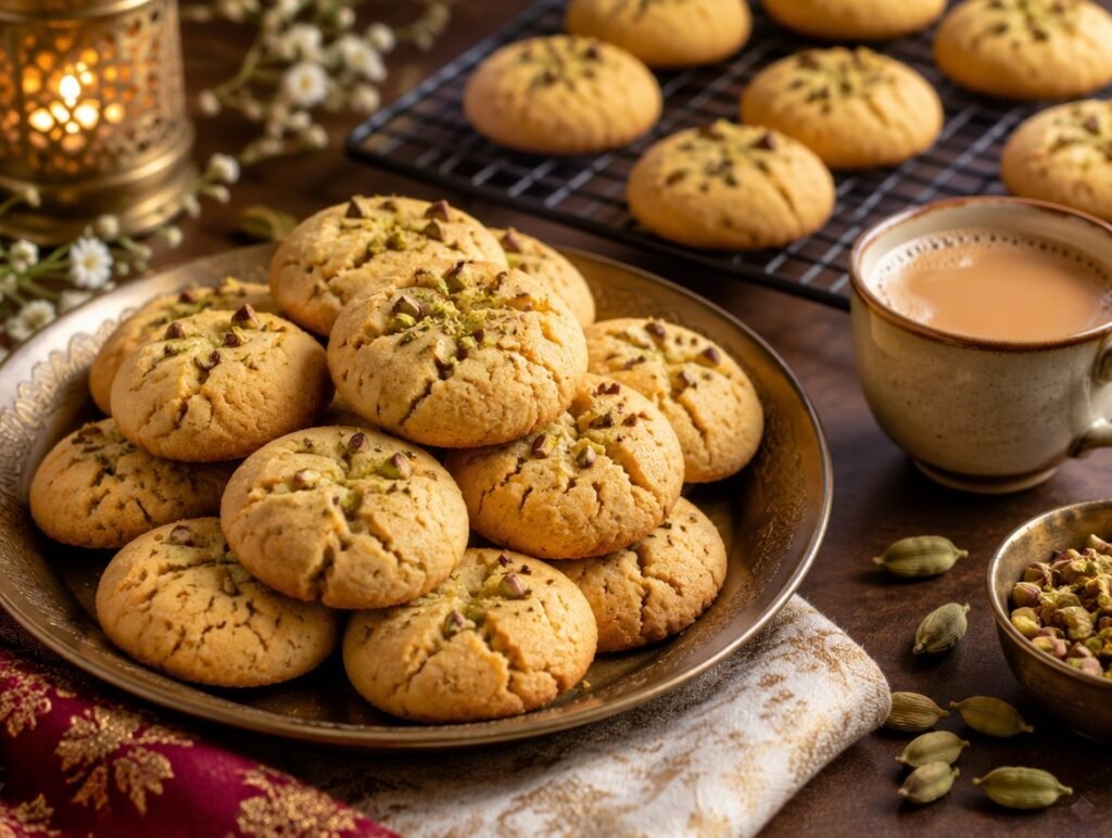 Golden nankhatai eggless Indian shortbread cookies with pistachios and chai
