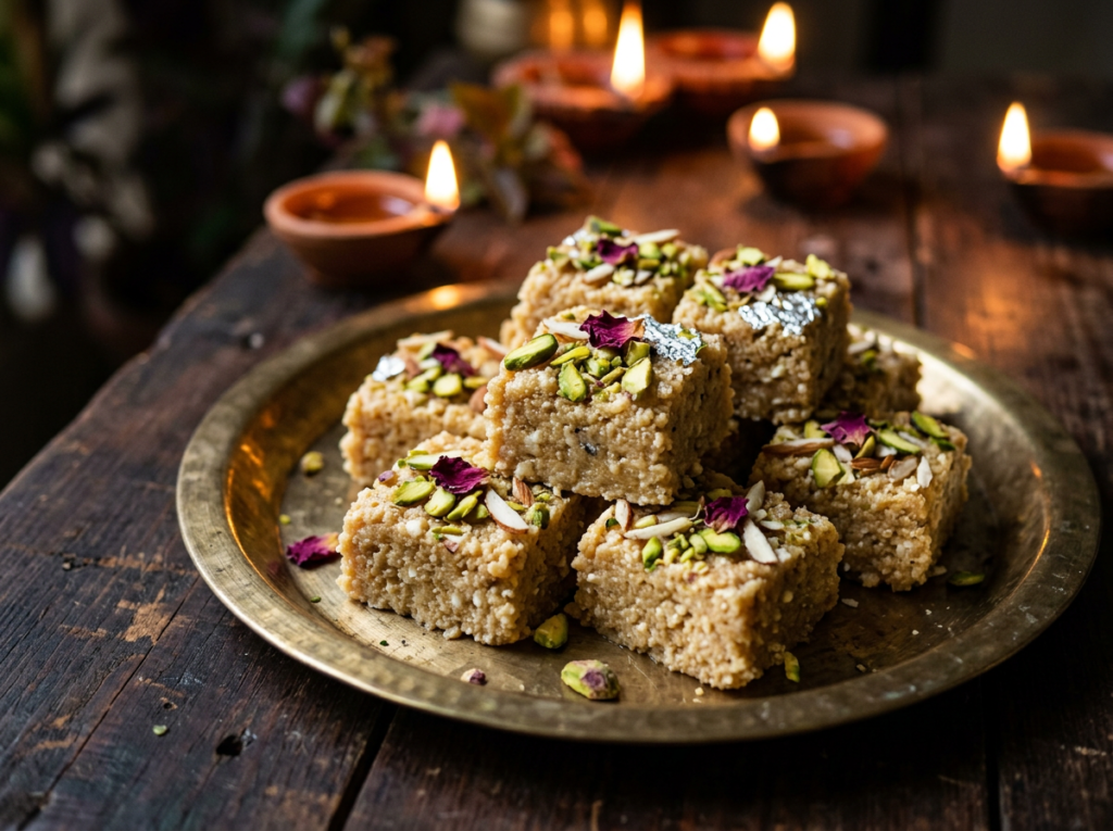 Paneer kalakand squares with pistachios and rose petals