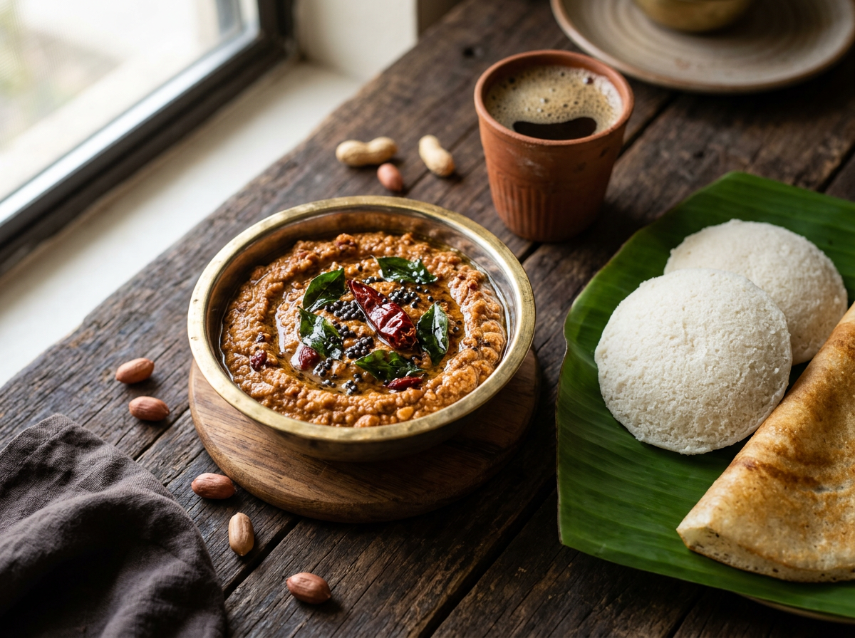 South Indian peanut chutney with mustard seed and curry leaf tempering, served with idli and dosa