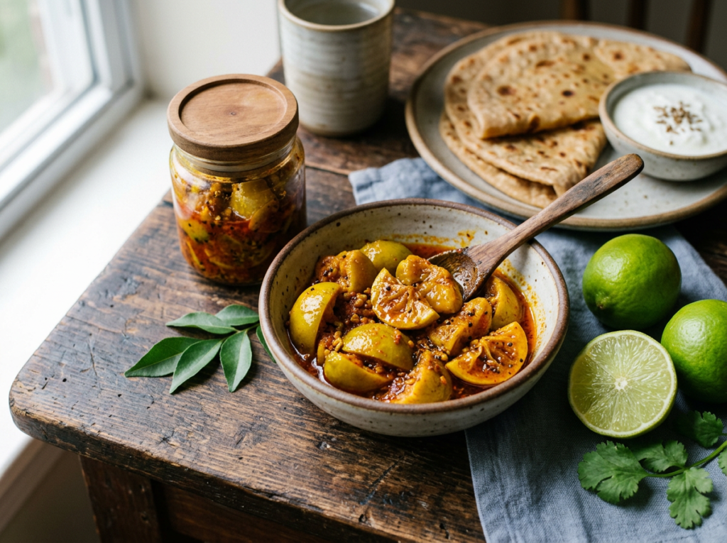 Indian quick lime pickle with chilli, turmeric and mustard in a glass jar, with fresh limes