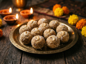 Rava coconut ladoo on a brass plate