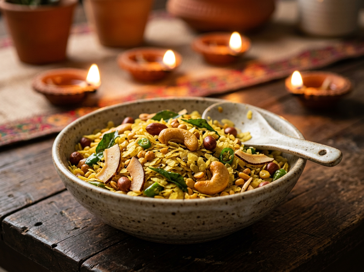 A bowl of roasted poha chivda