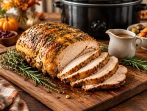 Slow cooker turkey breast with golden herb-rubbed skin, partly sliced on a carving board with gravy