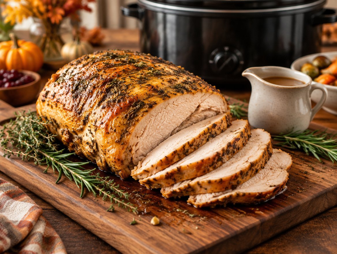 Slow cooker turkey breast with golden herb-rubbed skin, partly sliced on a carving board with gravy