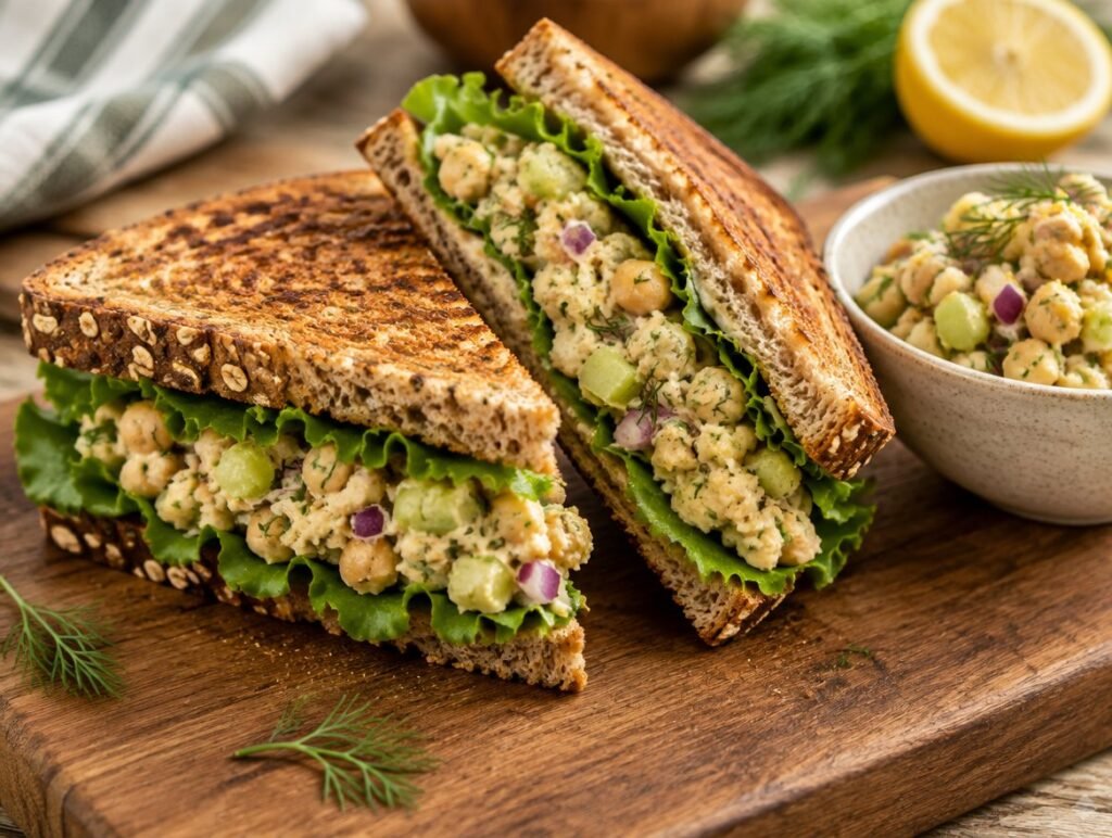 Smashed chickpea salad sandwich on toasted whole grain bread with lettuce, cut in half