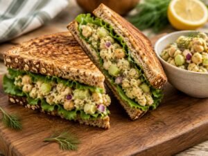 Smashed chickpea salad sandwich on toasted whole grain bread with lettuce, cut in half