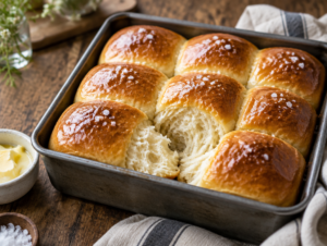 Pan of soft golden dinner rolls brushed with butter and flaky salt, one torn open