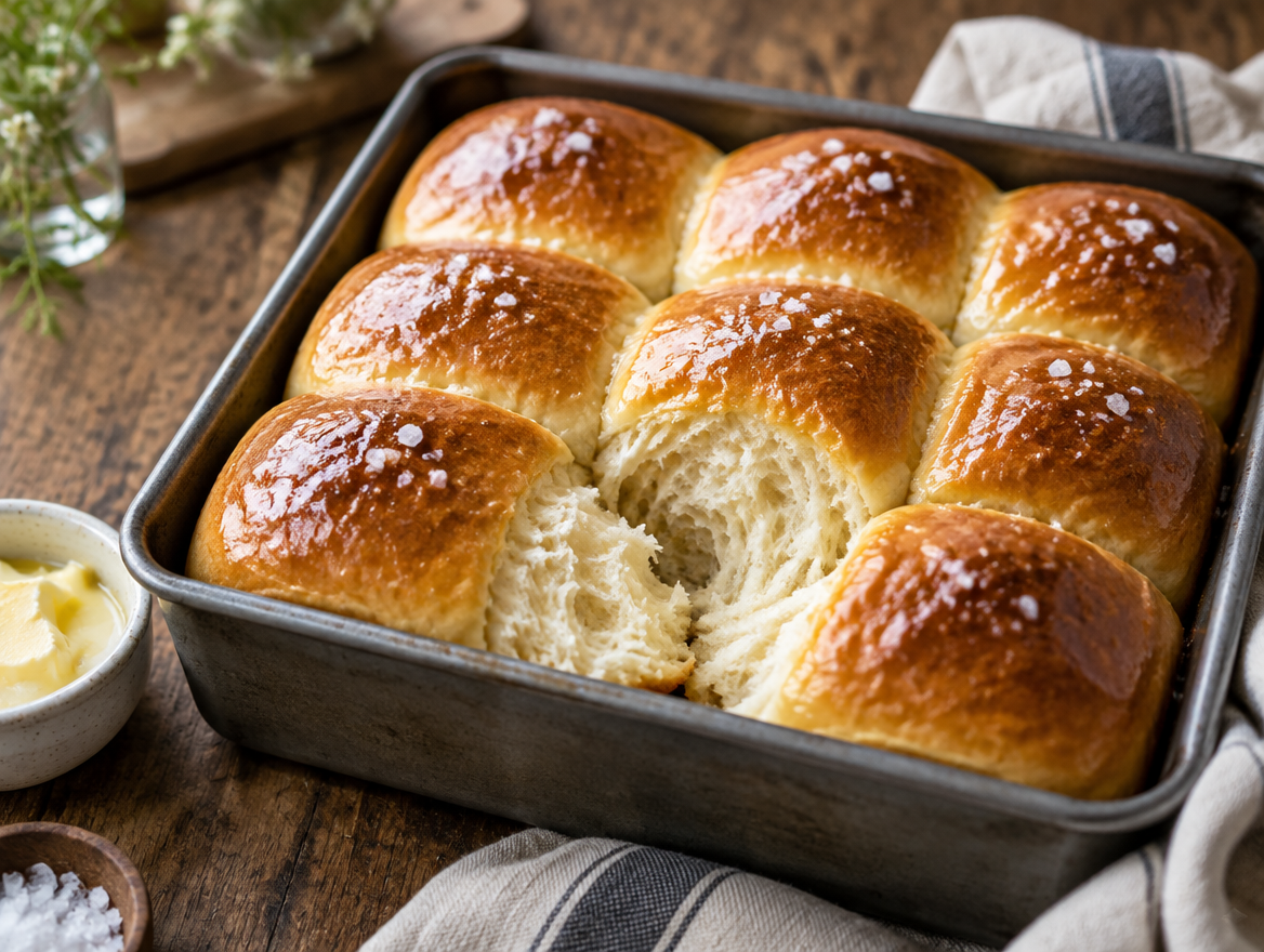 Pan of soft golden dinner rolls brushed with butter and flaky salt, one torn open