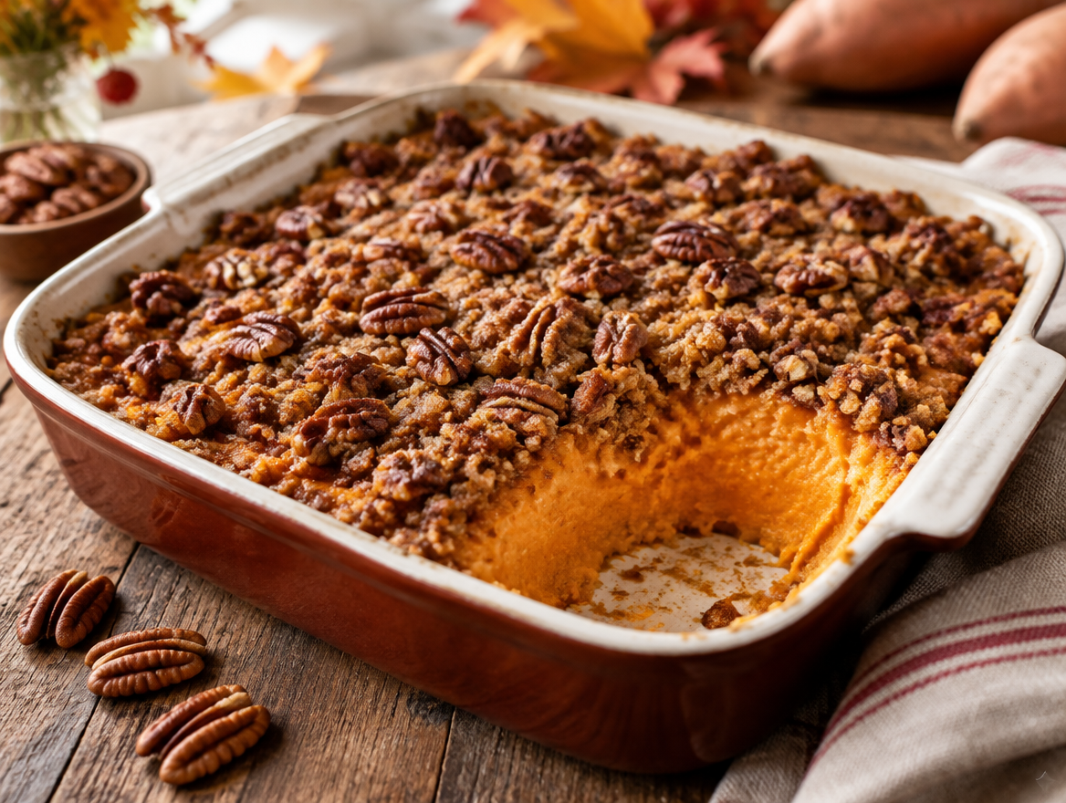 Sweet potato casserole with a crunchy brown sugar pecan topping, one scoop taken out