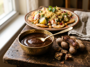 Sweet and tangy tamarind chutney in a brass bowl with tamarind pods and jaggery