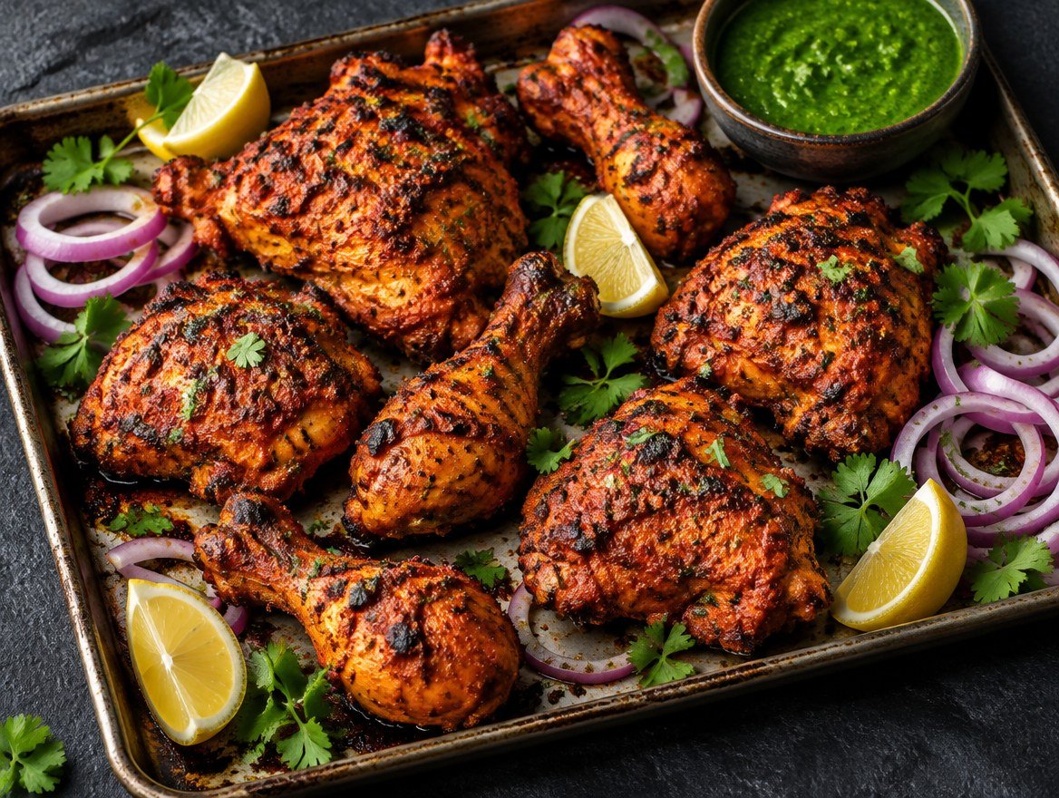 Oven-roasted tandoori chicken with charred red spice crust, lemon and onion rings