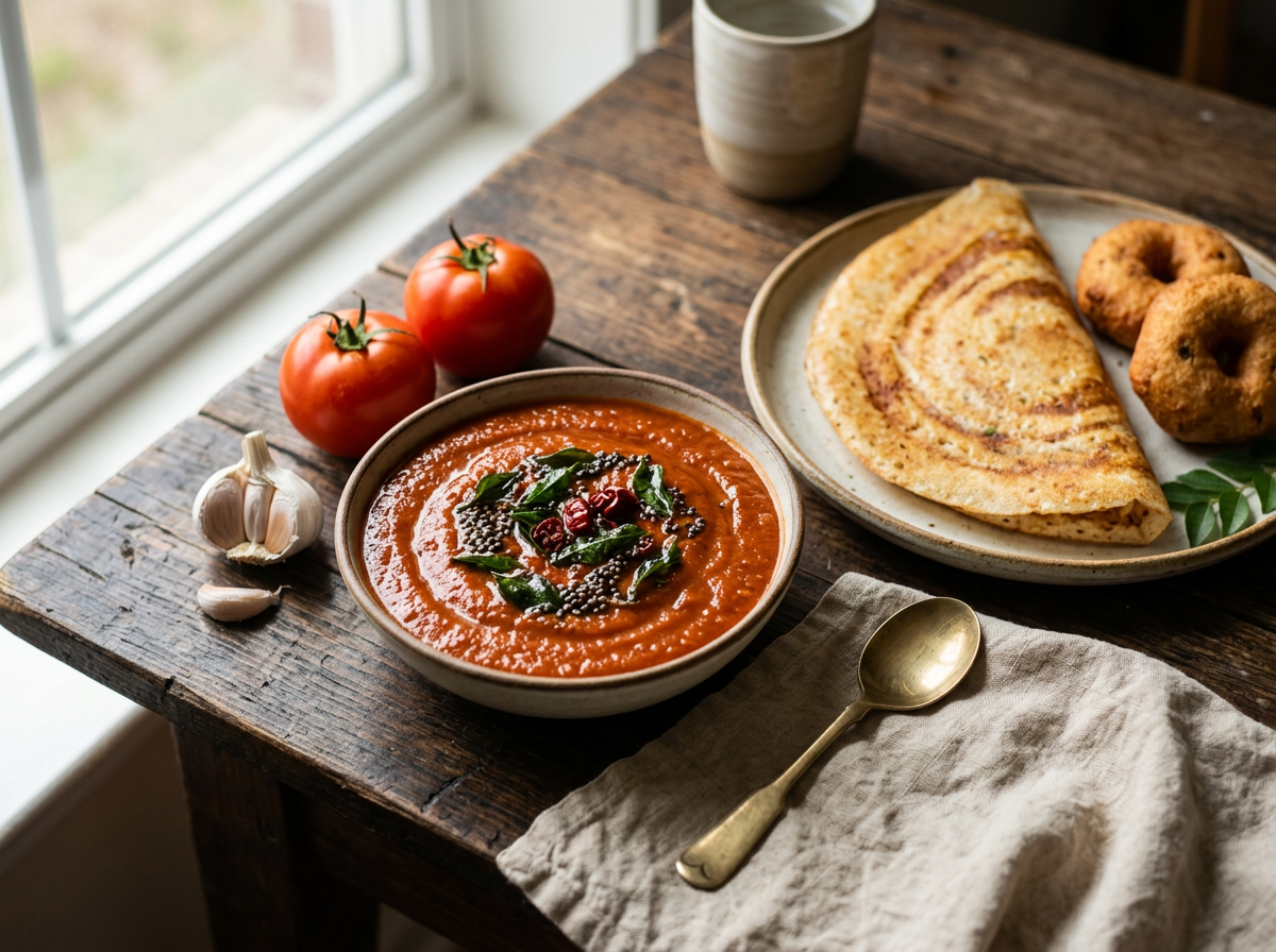South Indian tomato chutney with mustard seed and curry leaf tempering, served with dosa and vada