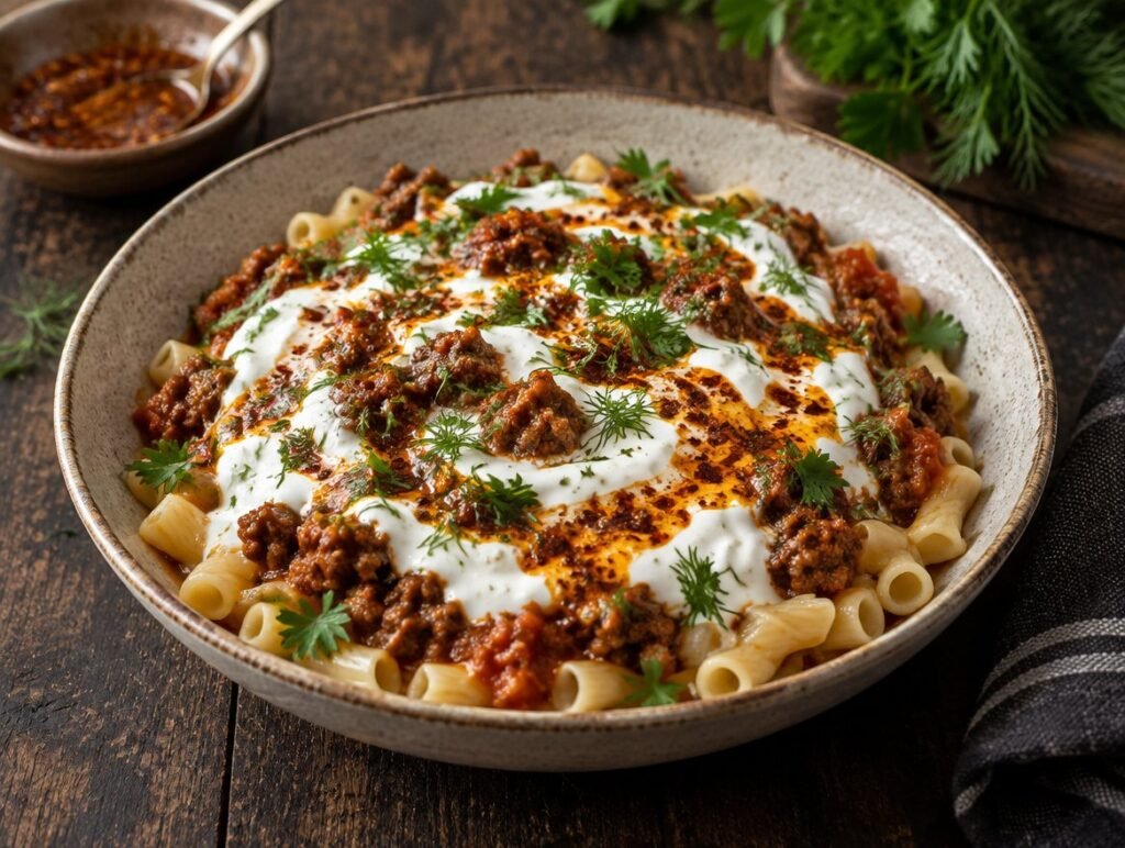 Turkish pasta with spiced beef, garlic yogurt, red chilli butter and fresh herbs