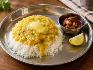 Steamed rice topped with yellow toor dal varan and melting ghee, with lemon and pickle